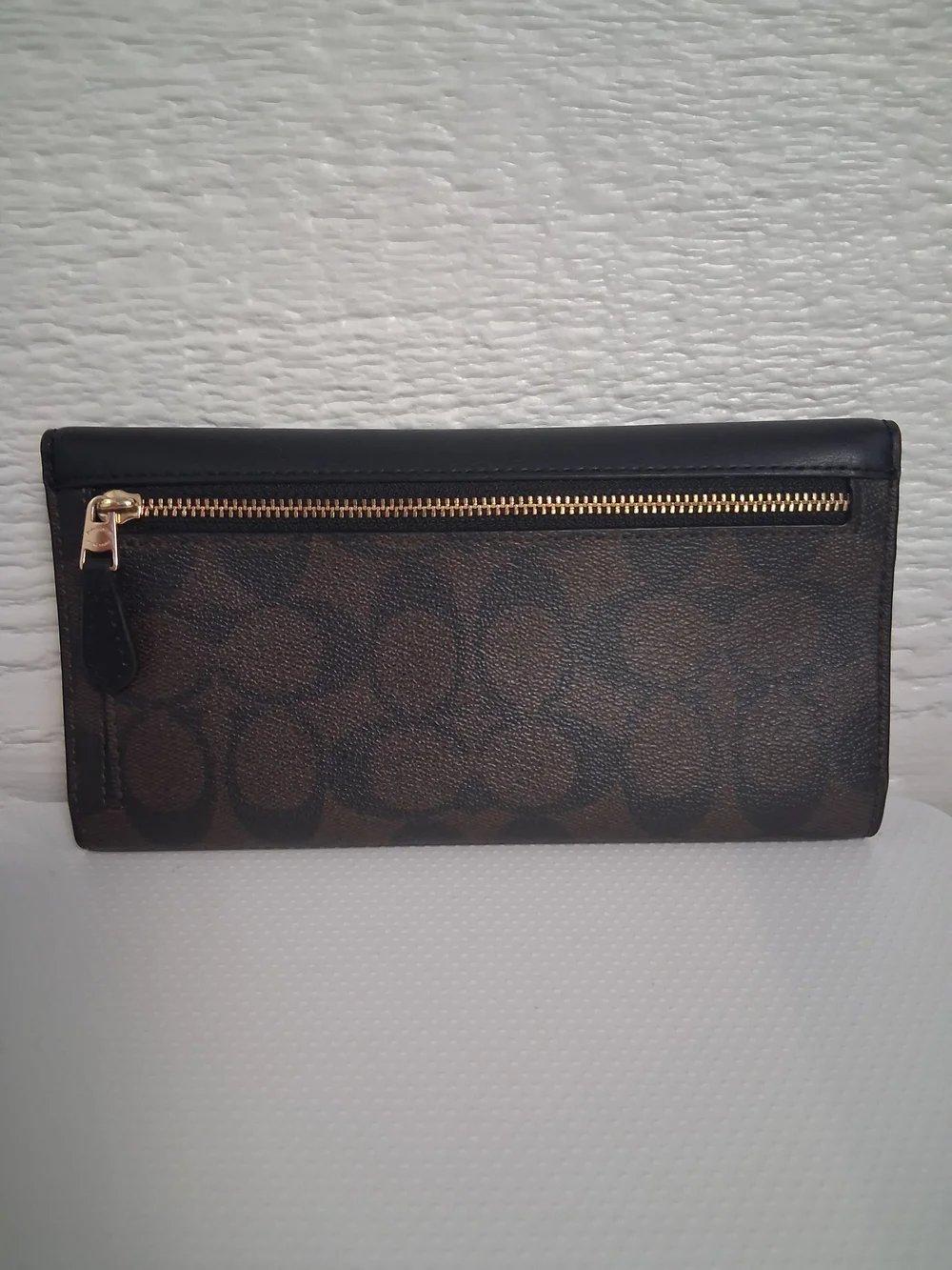 Coach Black Leather Continental Wallet with Brown Signature Trim